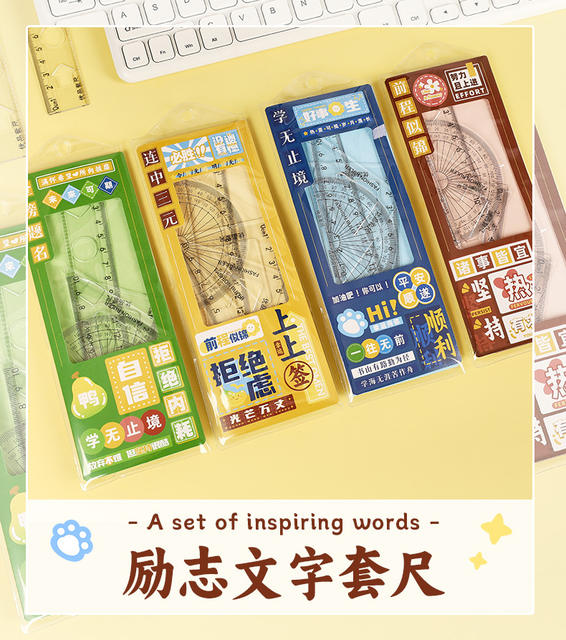 Creative Inspirational Ruler Set for Students, Four-Piece Set, High-Quality Transparent Ruler, Triangle Ruler, Protractor, Ruler Set Wholesale detail 2
