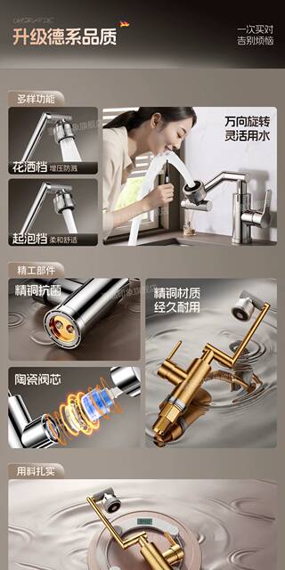 All-Copper Mechanical Arm Faucet with Universal Rotation for Washbasin, Hot and Cold Dual-Use, Bathroom Countertop Basin detail 3