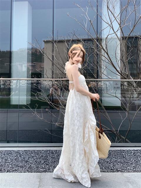 Seaside Holiday Style Beach Backless Neck dress Women's Spring and Summer New Pure Desire Hollow Midi Dress with Chest Pad detail 11