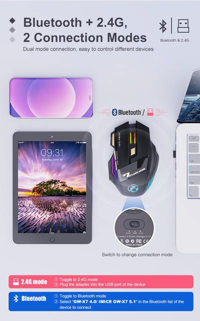 Imice Factory Direct Supply 7-Button Double-Click-Free 2.4g Silent Rechargeable X7 Breathing Light Wireless Gaming Mouse detail 3