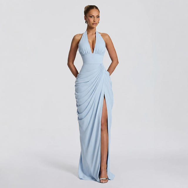 2026 Cross-Border Summer New Style Halter V-Neck Fashionable and Sexy Dress with Vertical Pleats on the Chest, Elegant Diagonal Pleated Dress for Women detail 11