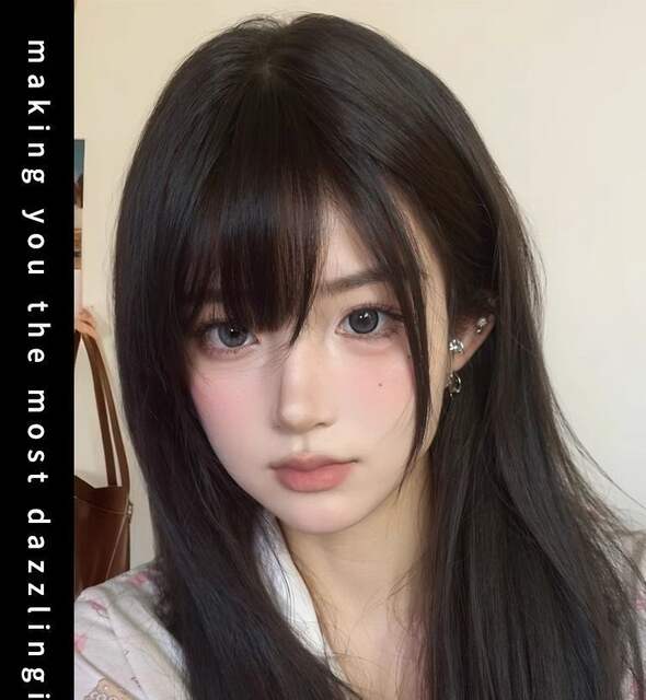 Wig for Women with Medium and Long Hair, Fuchi Style Black Long Straight Artificial Hair Full Headgear Fashionable Full Bangs Natural Wig Set detail 2