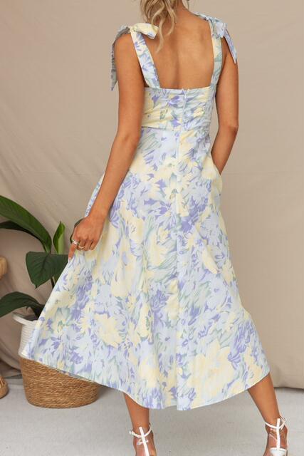 2025 Cross-Border Amazon European and American New Slim Fit Waist V Neck Suspender Printed Mid-Length Dress for Women detail 5