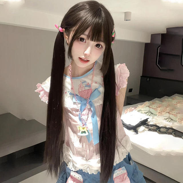 Wig female jk sweet sister little rose natural black gentle lolita with sideburns 85cm long straight bangs full head cover detail 3