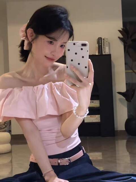 Korean-Style Ruffled Sexy Off-Shoulder Short-Sleeve T-Shirt for Women with Unique Design, One-Shoulder, Pure Cotton Top detail 8