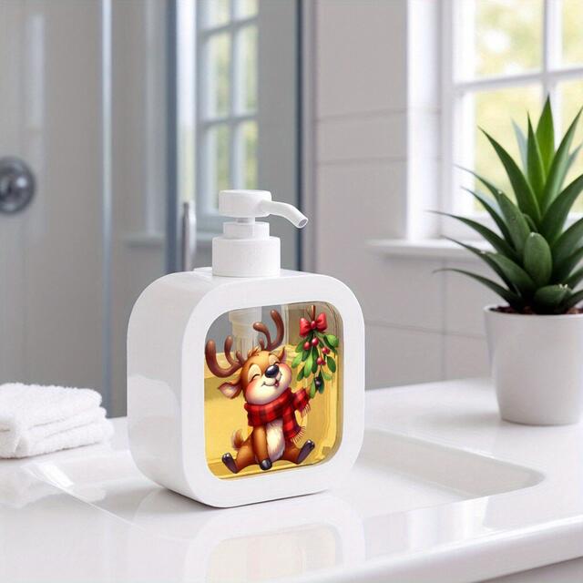 A Refillable Manual Pump Soap Dispenser with Cartoon Reindeer and Holly Designs - One Unit detail 7