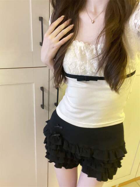 Korean-Style Lace Patchwork Bow Short-Sleeve T-Shirt for Women, Summer Slim-Fit Puff Sleeve Square Neck Top detail 5
