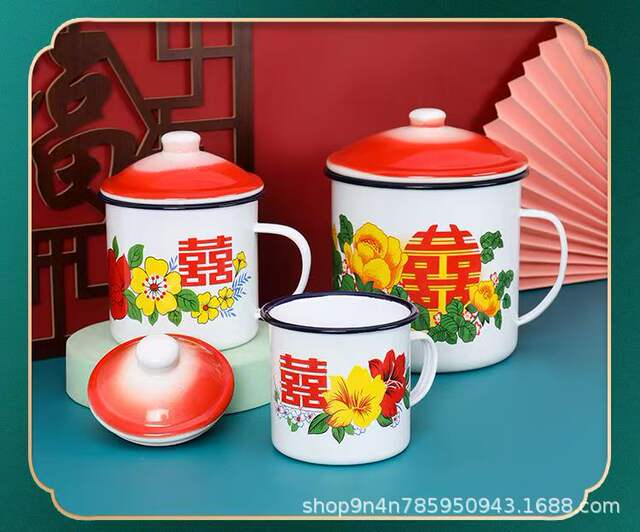 Double Happiness Floral Enamel Cup with Lid, Waistband, Wedding Banquet Gift, Wedding Candy Box, Mug, Souvenir, Tea Jar detail 4