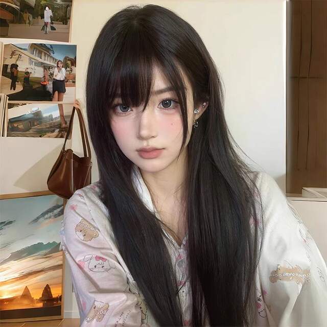 Wig for Women with Medium and Long Hair, Fuchi Style Black Long Straight Artificial Hair Full Headgear Fashionable Full Bangs Natural Wig Set detail 1