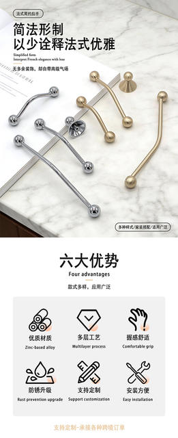 French-Style Zinc Alloy Light Luxury Wardrobe Door Handle Drawer Cabinet Wardrobe Furniture Drawer Modern Minimalist Cabinet Door Handle detail 1