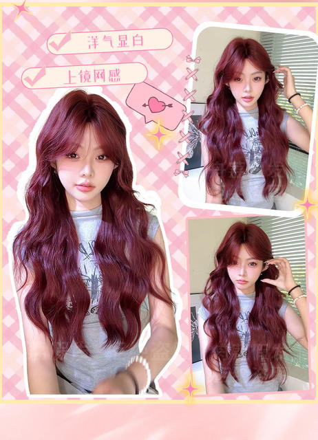 Zhou Li Wig Raspberry Red Sweet Natural Long Curly Hair Fashionable Stylish Full Head Wig That Enhances Complexion and Looks Natural Wholesale detail 9
