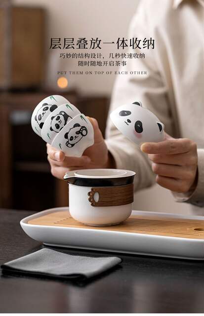 Panda Travel Tea Set Ceramic One Pot Three Cups Cute Portable Quick Cup Filter Tea Cup Outdoor Business Gift detail 6