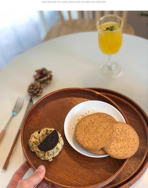 Home Snack Tea Tray Dinner Plate Cafe Round Snack Tray Tea Tray Ins Style Vintage Cake Wooden Tray detail 6