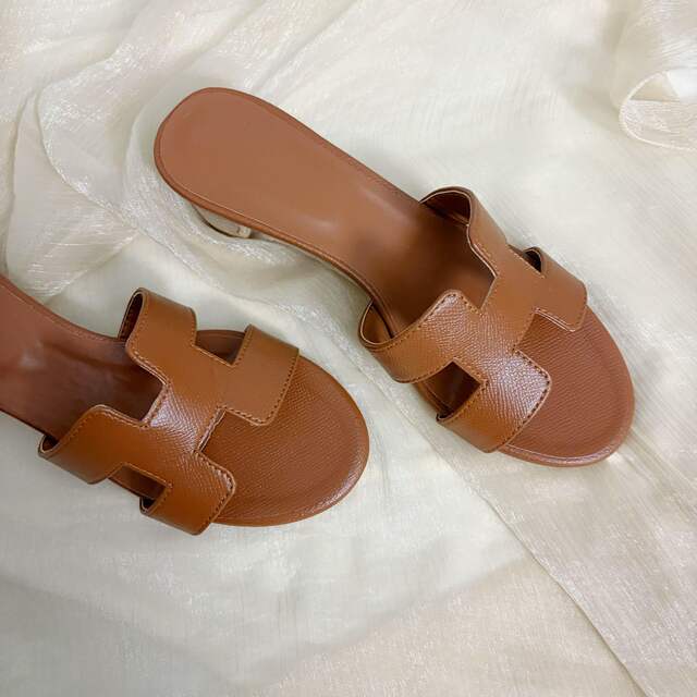 H High-Heeled Slippers Versatile French Style Outdoor Wear Pink Palm Print Genuine Leather Chunky Mid-Heel Sandals Slip-On Foreign Trade Shoes detail 7