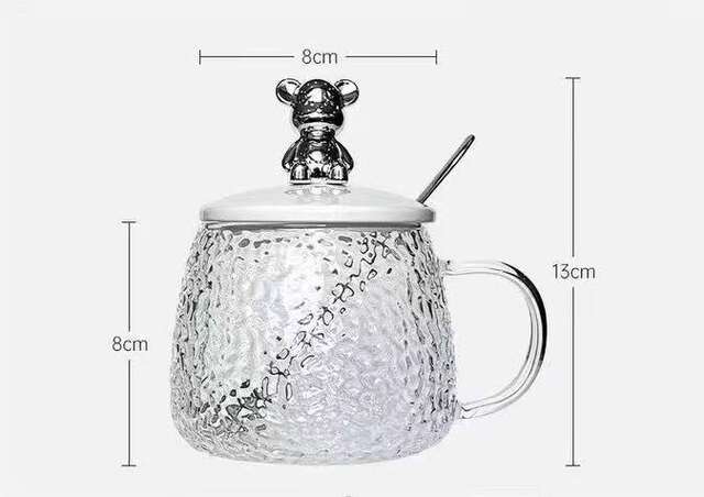 Little Bear Mark Glass Water Cup Glacier Household Heat-Resistant Glass Hammered Handle Cup Ins Breakfast Cup Logo Printing detail 8