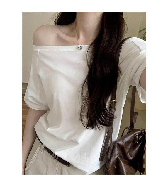 Irina 2025 off-line collar slant shoulder short sleeve cotton T-shirt women's summer new relaxed-fit lazy style high-end top detail 7
