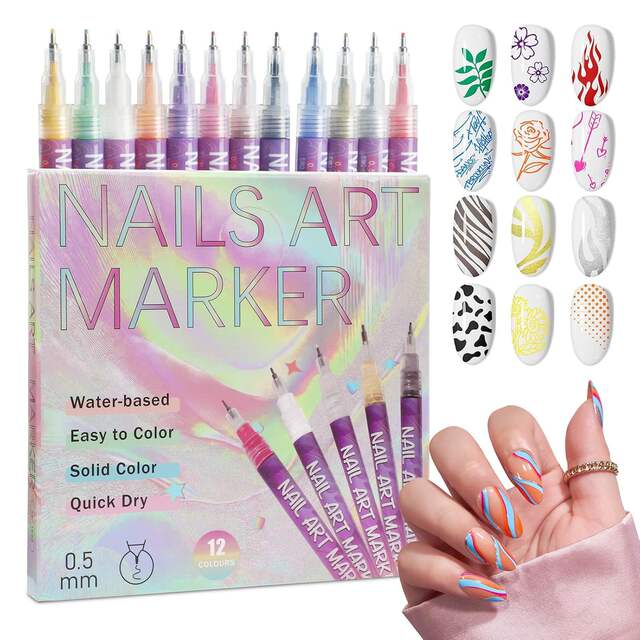 Cross-Border New Model 0.5mm 12-Color Nail Art Pen Set DIY Nail Art Pens Dotting Pens Painting Graffiti Brushes detail 1
