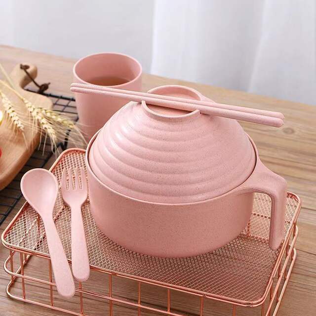 Wheat Straw Instant Noodle Bowl with Lid Tableware Student Dormitory Bowl Chopsticks Fork Spoon Set Instant Noodle Bowl with Lid detail 8