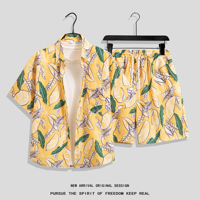 Summer Men's Quick-Drying Short-Sleeved Floral Shirt Suit Hawaiian Beach Suit Loose Casual Two-Piece Suit with Three-Quarter Pants detail 11