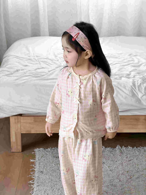 Children's Pajamas Pure Cotton Double-Layer Gauze Spring, Summer and Autumn Thin Baby Home Clothes Men's and Women's Cartoon Air-Conditioned Clothing Set detail 5