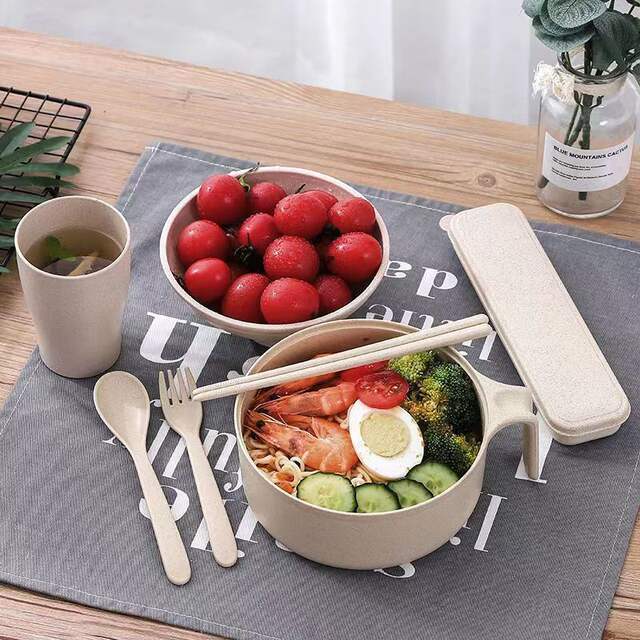 Wheat Straw Instant Noodle Bowl with Lid Tableware Student Dormitory Bowl Chopsticks Fork Spoon Set Instant Noodle Bowl with Lid detail 7