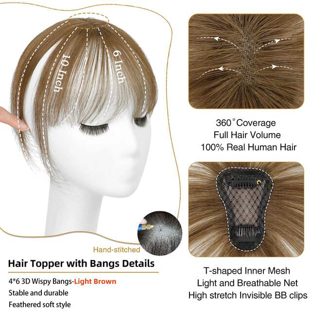 3D wig piece bangs hand-woven neat bangs female horoscope 10inc real person hair elegant bangs t-shaped golden wig piece detail 5