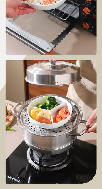 Three-Compartment Ceramic Plate, Multi-Compartment Dinner Plate, Prep Plate, Steaming Bowl, Low-Fat Meal Plate, Ceramic Three-Section Steaming Plate detail 12