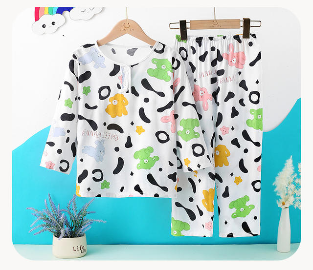 Spring and summer children's cotton silk pajamas cartoon suit long sleeve cotton silk home clothes boys and girls baby thin wholesale detail 4