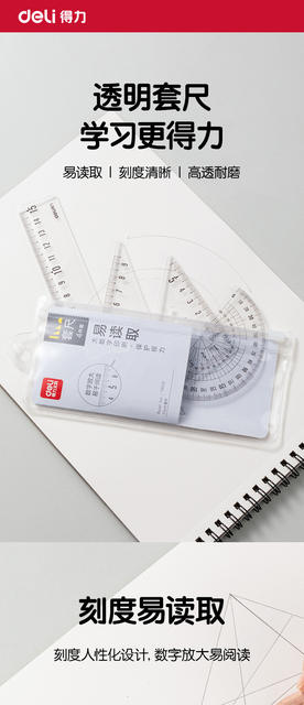 Deli Set Ruler for Primary School Students Drawing Stationery suit Transparent Triangle Set Ruler for Children Cute Cartoon Wave detail 1