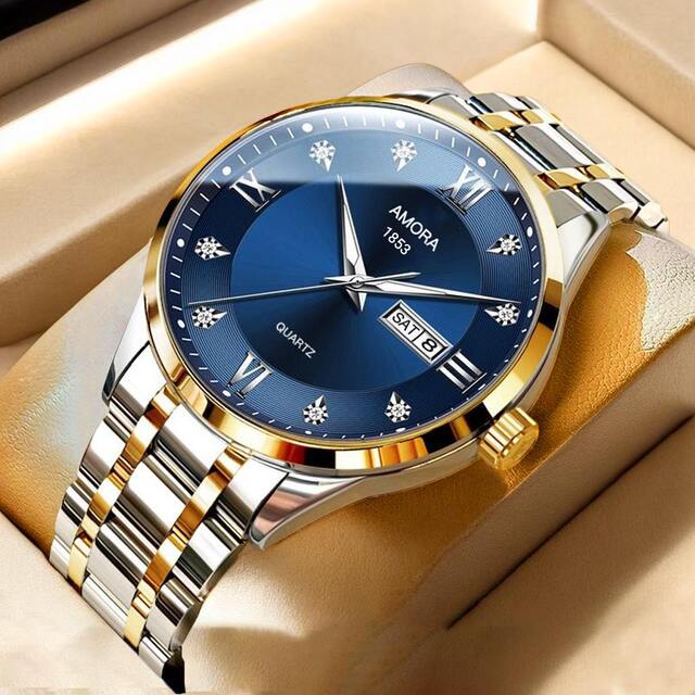 Classic Men's Watch Men's Business Quartz Men's Watch Large Dial Steel Strap Fully Automatic Non-Mechanical Watch Waterproof Gold detail 9