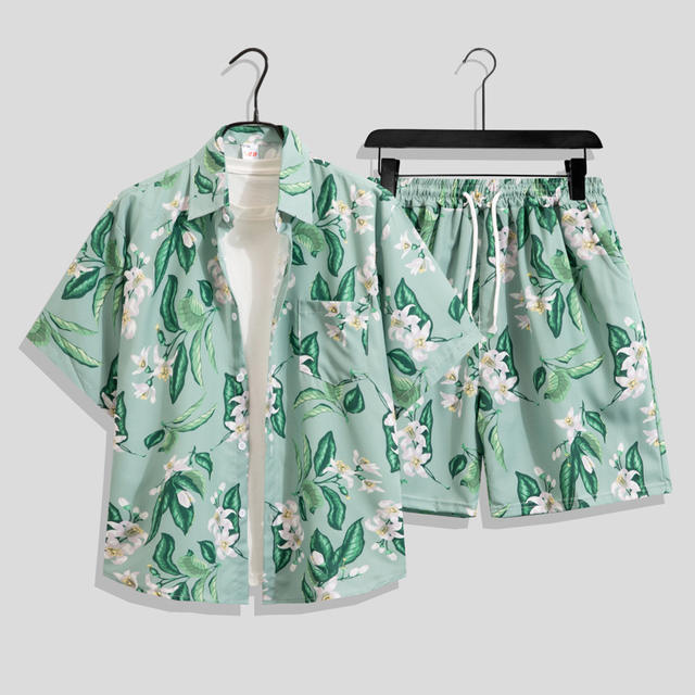 Summer Men's Quick-Drying Short-Sleeved Floral Shirt Suit Hawaiian Beach Suit Loose Casual Two-Piece Suit with Three-Quarter Pants detail 10