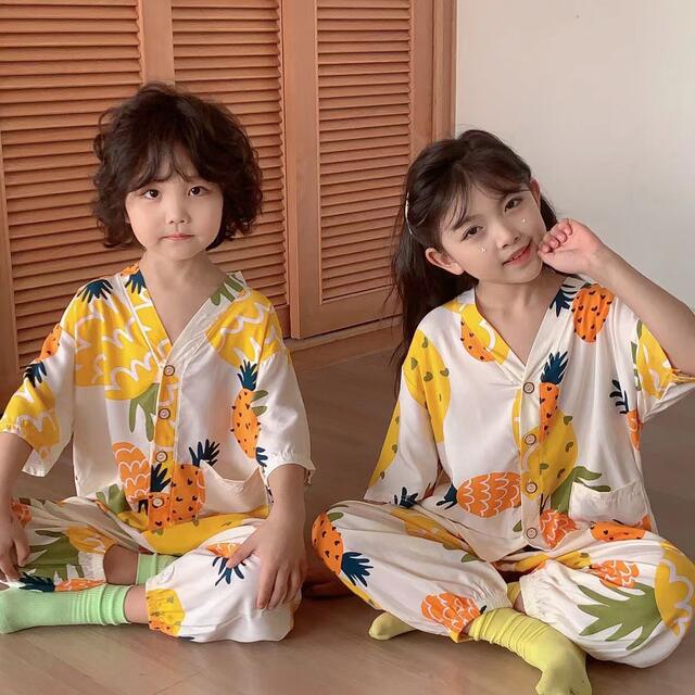 Children's Cotton Silk Pajamas Set Summer Artificial Cotton Air-conditioning Clothing for Boys and Girls Cotton Silk Home Clothes Two-piece Children's Clothing detail 1