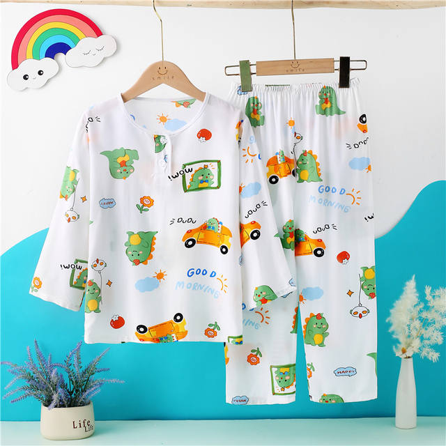 Spring and summer children's cotton silk pajamas cartoon suit long sleeve cotton silk home clothes boys and girls baby thin wholesale detail 7