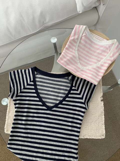 Pink Striped V-Neck Slim-Fit Short-Sleeve T-Shirt for Women, Summer, Very Stylish Korean Design with Small Flutter Sleeves detail 6