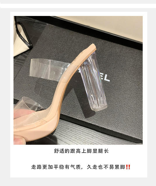 2024 summer foreign trade large size transparent crystal high heels women's new rhinestone outside wear sandals European and American pu net red detail 7