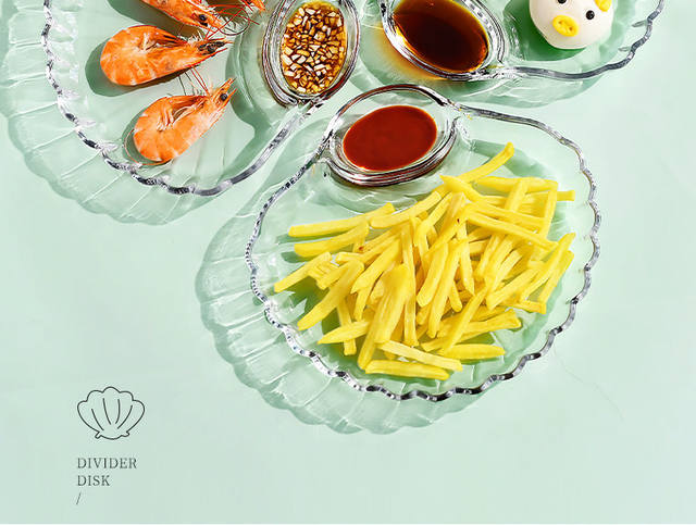 Dumpling Plate with Vinegar Dish, Household Glass Dumpling Plate, High Aesthetic Value, Special Compartmentalized Shell-Shaped Dish, Creative Fruit Plate detail 2