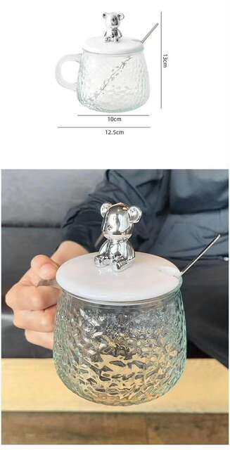 Little Bear Mark Glass Water Cup Glacier Household Heat-Resistant Glass Hammered Handle Cup Ins Breakfast Cup Logo Printing detail 7