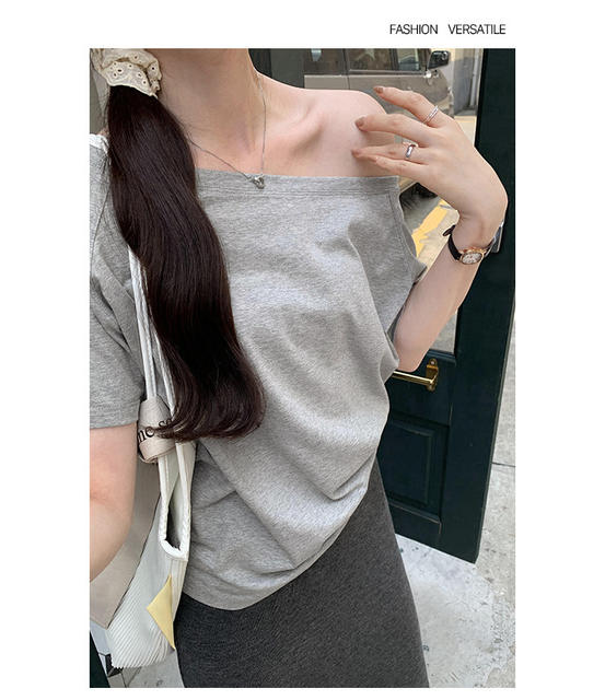Irina 2025 off-line collar slant shoulder short sleeve cotton T-shirt women's summer new relaxed-fit lazy style high-end top detail 12