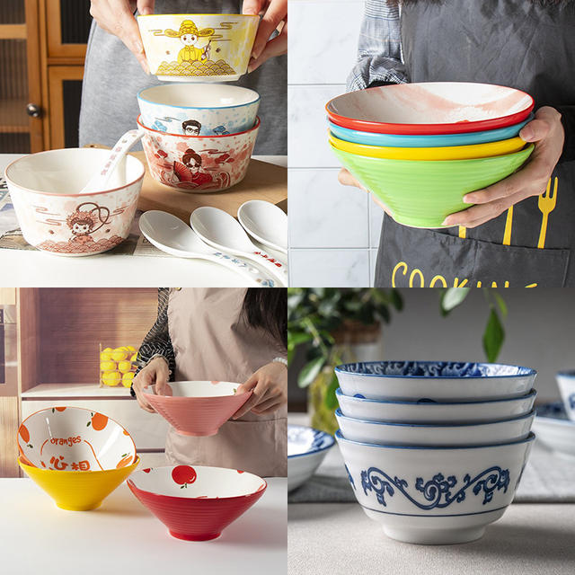 Ceramic Bowl with Two Handles for Home Use, Underglaze Color Soup Bowl, Noodle Bowl, Rice Bowl, Salad Bowl, Large Bowl, Double-Handle Bowl for Meals detail 4