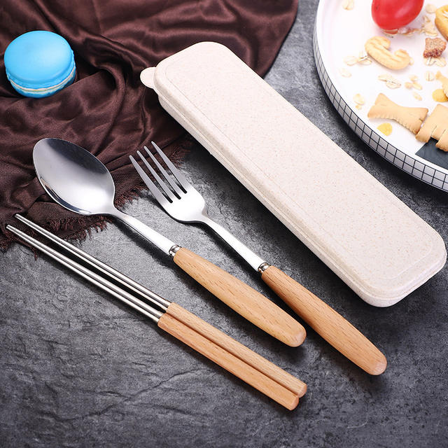 Wooden Handle Stainless Steel Portable Tableware Set Three-Piece Set of Spoons and Chopsticks for Home Use High-End Japanese-Style Gift Tableware Set detail 3