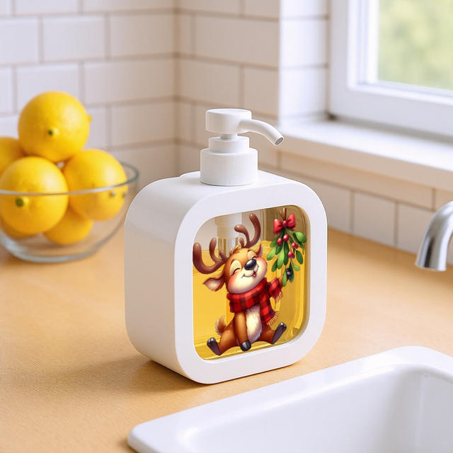 A Refillable Manual Pump Soap Dispenser with Cartoon Reindeer and Holly Designs - One Unit detail 9