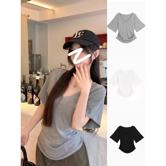 Irina 2026 New Summer Style High-End Slimming Pure Desire Style Top V-Neck Loose Short-Sleeved T-Shirt Women's Fashion T-Shirt detail 1