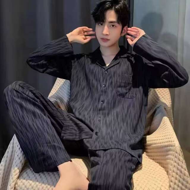 2025 Men's Pajamas Spring & Fall Long-Sleeved Pants Cardigan Loose Large Size Men's Casual Home Wear Summer