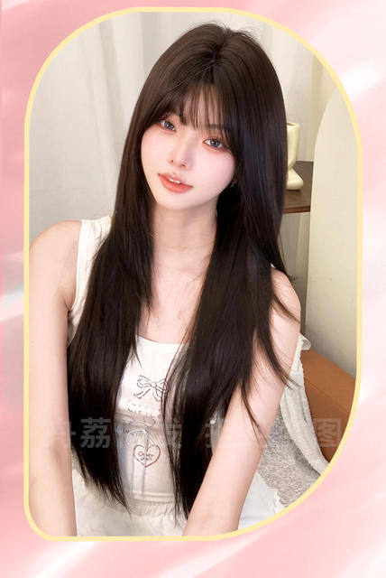Black Tea-Colored Wig with Long Straight Hair, Slimming and Age-Reducing, K-Pop Style, High-Quality Daily Full Wig for Women, Export detail 11