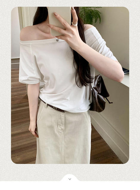 Irina 2025 off-line collar slant shoulder short sleeve cotton T-shirt women's summer new relaxed-fit lazy style high-end top detail 2