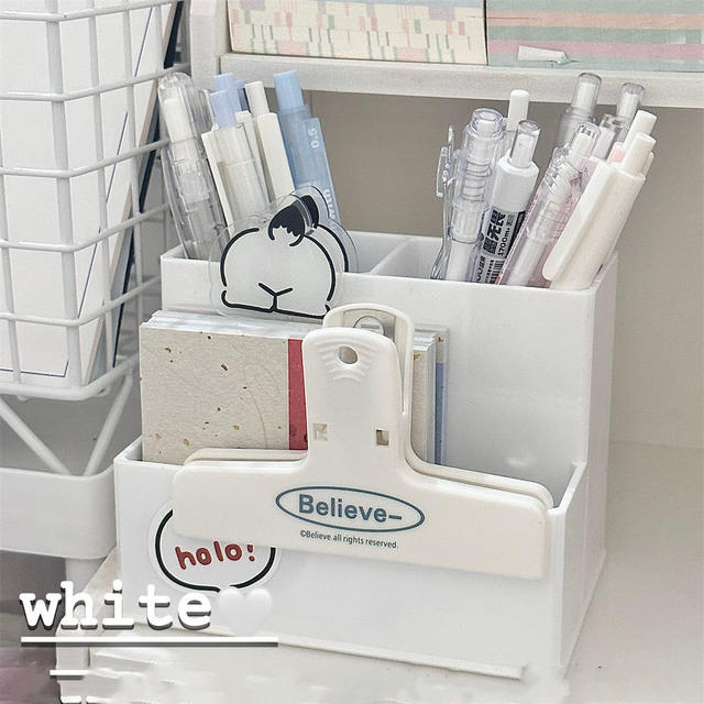 High-Value Cream-Colored Three-Compartment Pen Holder Ins Japanese-Style Desktop Multi-Compartment Storage Box Student Stationery Organizer Rack detail 4