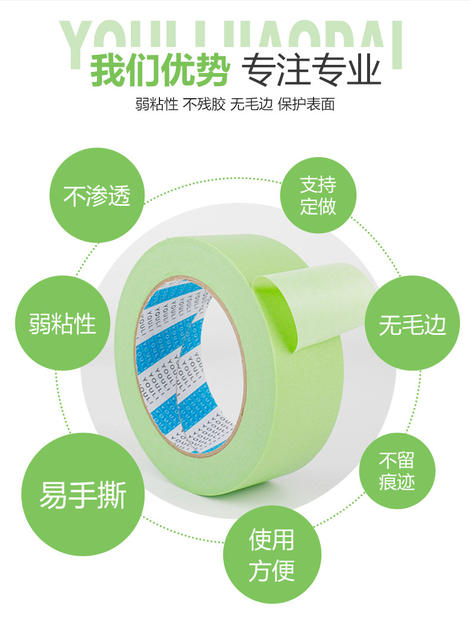 Weak sticky and paper masking tape wholesale green diatom mud latex paint spray paint masking low sticky American tape detail 9