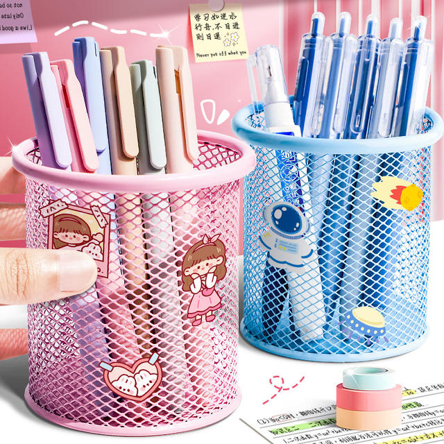 Metal pen holder office desktop student pen holder storage box large capacity oversized iron net simple pencil holder for children detail 1