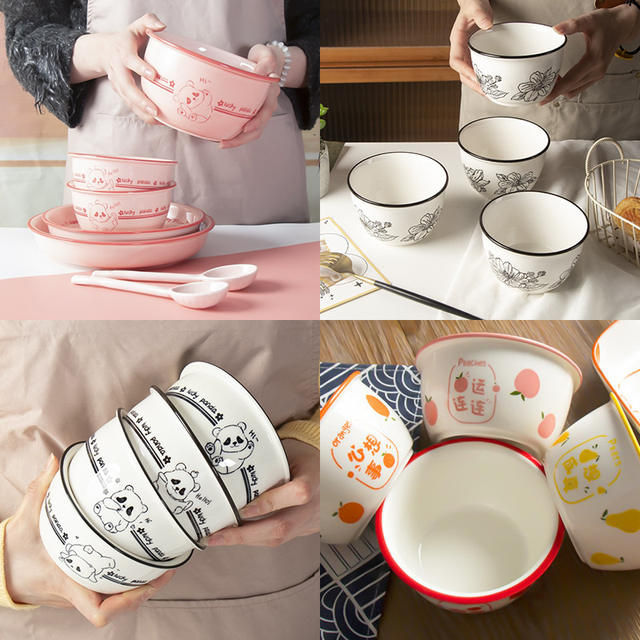 Ceramic Bowl with Two Handles for Home Use, Underglaze Color Soup Bowl, Noodle Bowl, Rice Bowl, Salad Bowl, Large Bowl, Double-Handle Bowl for Meals detail 3