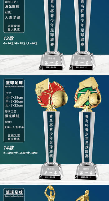 Basketball Trophies and Medals, Various Basketball and Football Award Trophies, Event Honor Crystal and Metal Trophies Wholesale detail 8